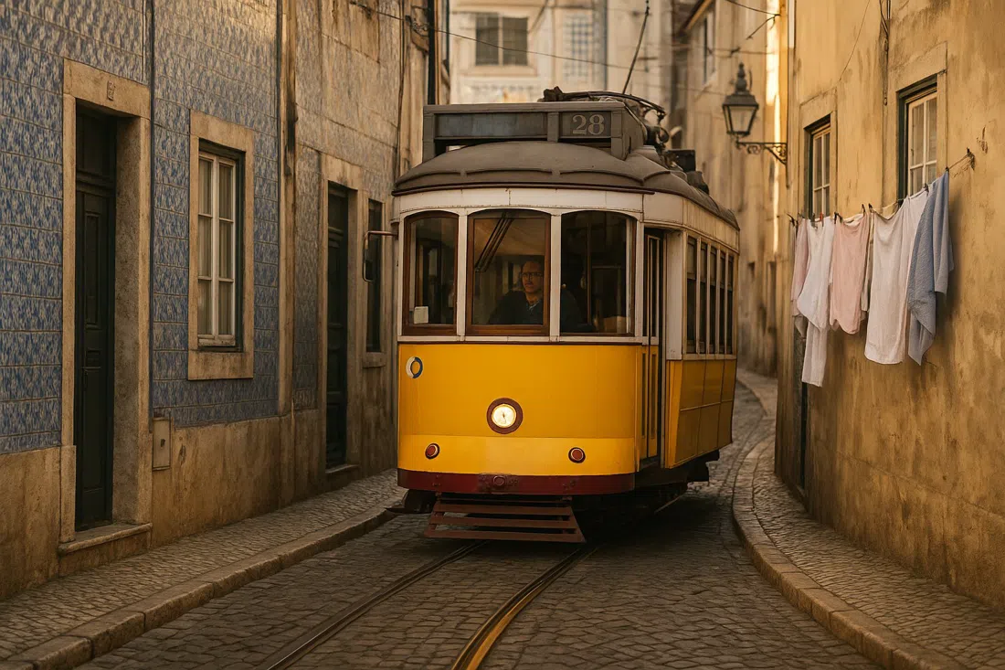 el tranvía número 28 abriéndose paso por la estrecha calle adoquinada de Alfama, vagón amarillo a centímetros de fachadas de azulejos y ropa tendida a la luz del atardecer
