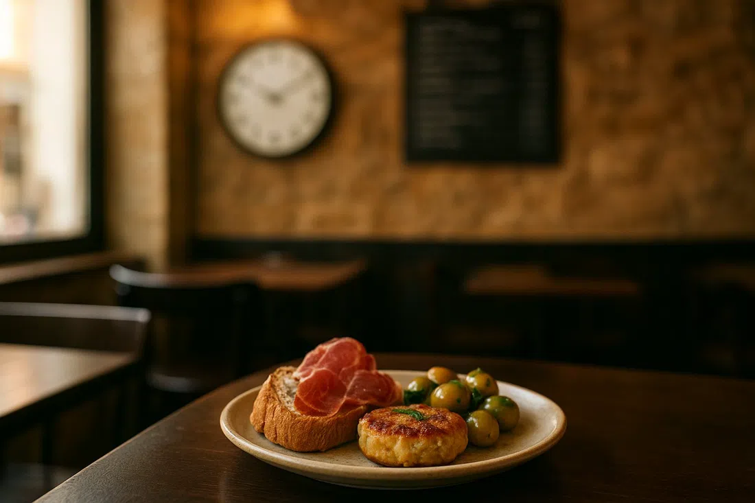 un plato pequeño en Taberna Sal Grosso, petiscos modernos sobre una mesa oscura en el íntimo comedor de 27 asientos, luz cálida de atardecer y pizarra del menú borrosa al fondo