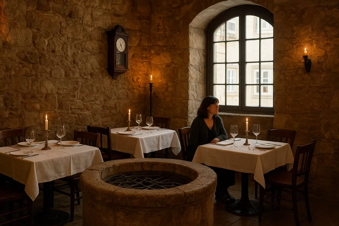 el comedor de paredes de piedra de Clube de Fado, con un antiguo pozo morisco visible junto a las mesas iluminadas con velas antes de la primera actuación