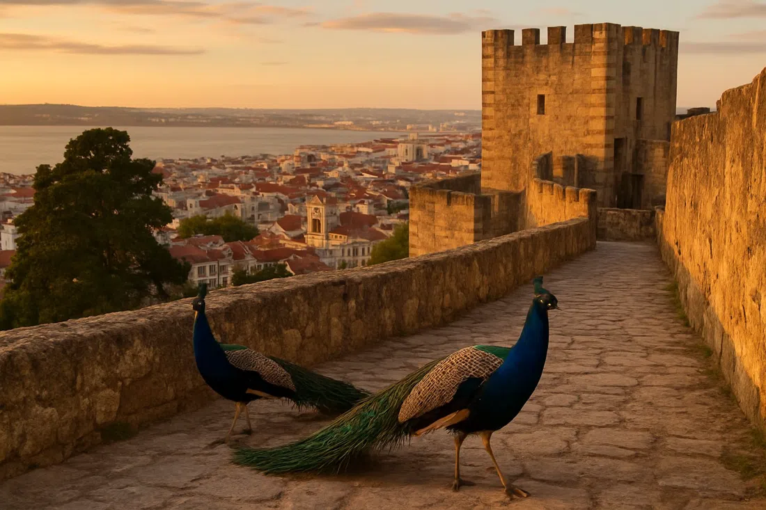 las murallas del Castelo de São Jorge a la hora dorada, pavos reales en el camino de piedra y Lisboa extendiéndose hacia el río