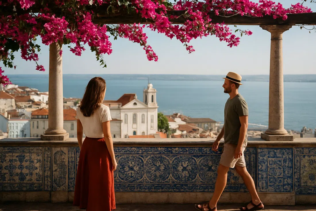Miradouro de Santa Luzia con buganvillas desbordando la terraza, paneles de azulejos azules y blancos y tejados descendiendo hacia el río