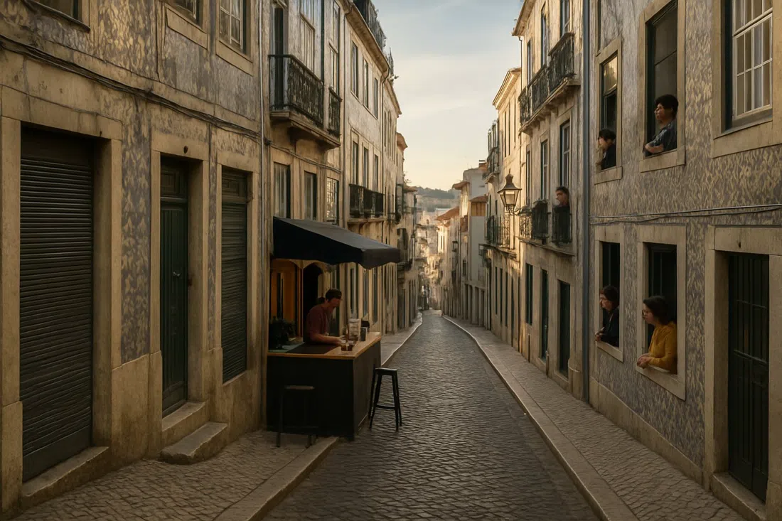 Rua da Rosa en Bairro Alto al atardecer, fachadas de tiendas con persianas bajadas, un mostrador de café y vecinos asomados a ventanas con azulejos en la cuadrícula empinada