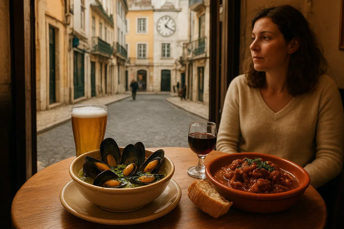 una mesa apretada de petiscos en Tapa Bucho en Rua dos Mouros, cuencos de mexilhões à Bulhão Pato y pica-pau bajo luz cálida interior