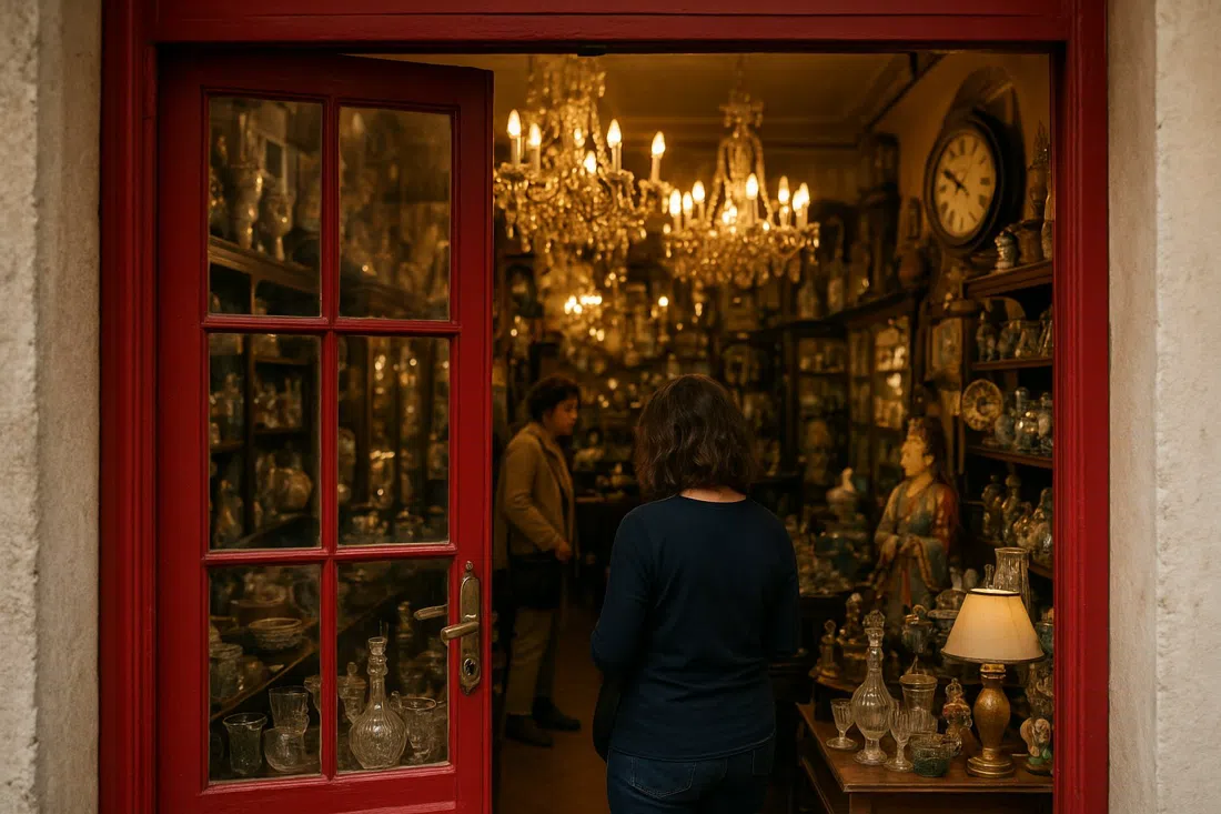 la entrada de puerta roja y el ambiente de salón con arañas dentro de Pavilhão Chinês, abarrotado de curiosidades vintage y cristalería