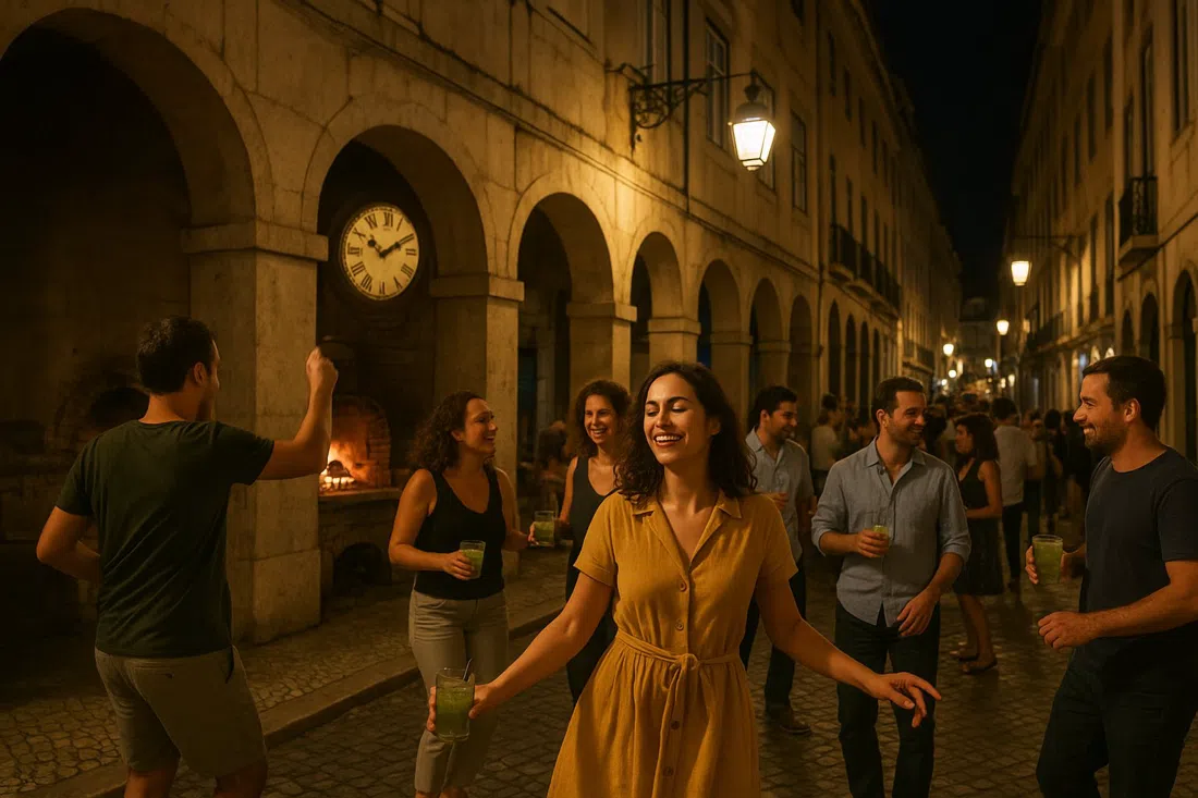 Maria Caxuxa en Rua da Barroca de noche, arcos de piedra, el antiguo horno de leña visible y una pequeña multitud bailando con caipiriñas