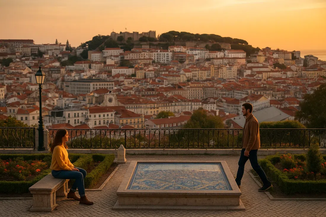 Miradouro de São Pedro de Alcântara al atardecer, el jardín de dos niveles, el mapa de azulejos y la amplia vista sobre la Baixa hasta el Castillo de São Jorge