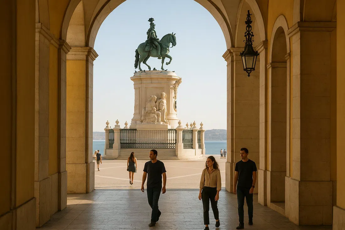 Praça do Comércio con luz de atardecer, arcadas amarillas enmarcando la estatua ecuestre de bronce del rey José I con el Tajo al fondo