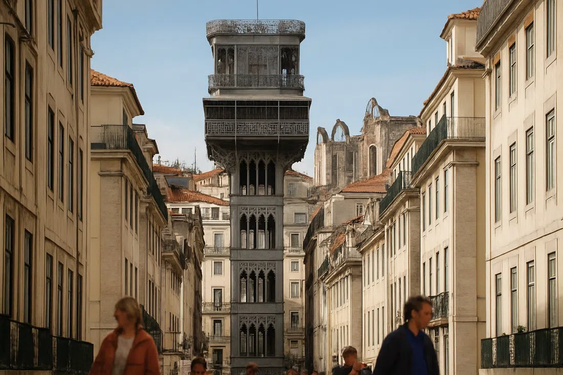 la torre neogótica de hierro forjado del Elevador de Santa Justa elevándose sobre Baixa, con el Convento do Carmo sin techo visible al fondo