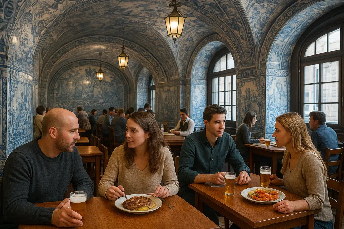 las bóvedas de azulejos dentro de Cervejaria Trindade, con vasos de cerveza, paredes de azulejos y platos de filete y mariscos en mesas de madera