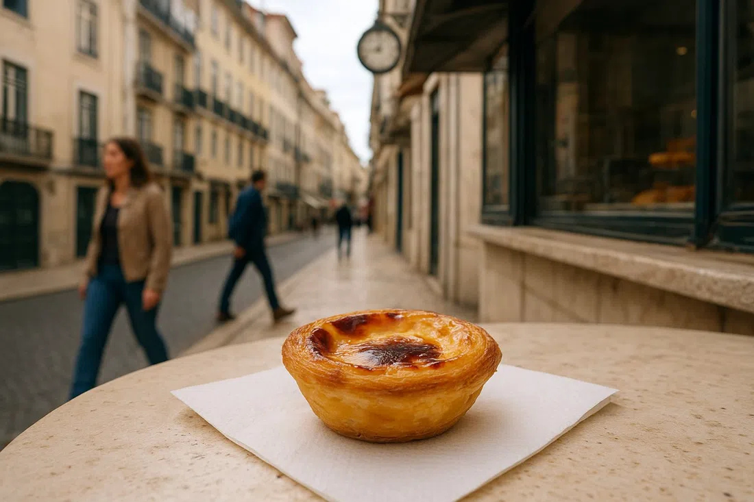 un pastel de nata caliente de Manteigaria en una servilleta de papel, crema brillante con parte superior caramelizada junto al mostrador de Rua do Loreto