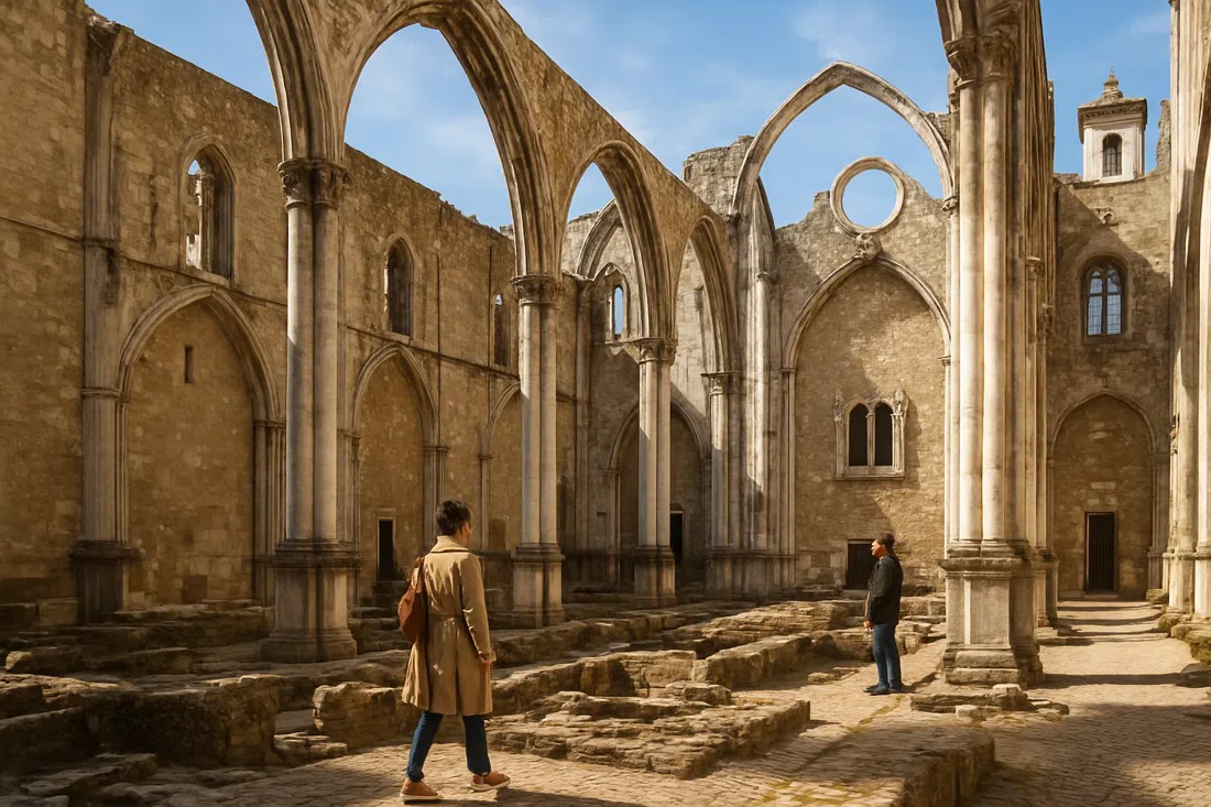 la nave sin techo del Convento do Carmo bajo un cielo abierto, con arcos de piedra, restos arqueológicos y rayos de sol