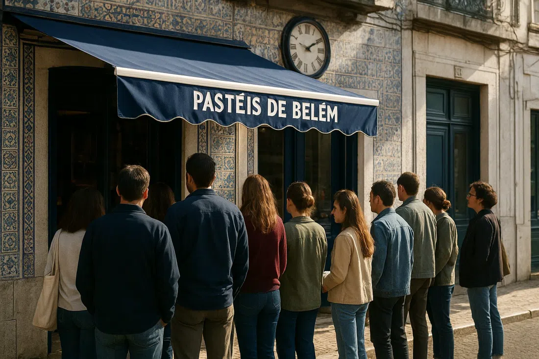 la cola para llevar fuera de Pastéis de Belém en Rua de Belém, con la fachada de azulejos de la pastelería y gente esperando bajo la luz de la mañana