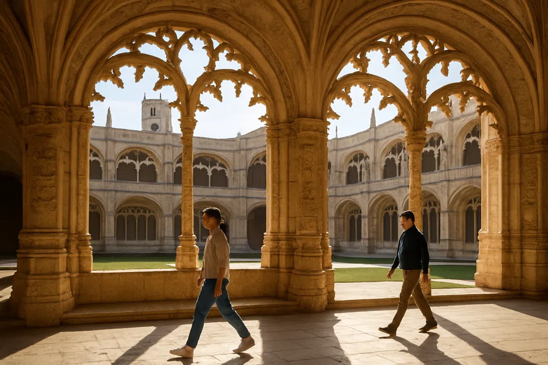 el claustro manuelino del Monasterio de los Jerónimos, con arcos de piedra tallada, motivos de cuerdas y sombra suave matutina en el patio