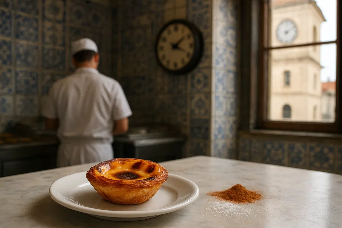 un pastel de Belém caliente en un plato blanco dentro de las salas de azulejos de la pastelería, con canela y azúcar glas en la mesa