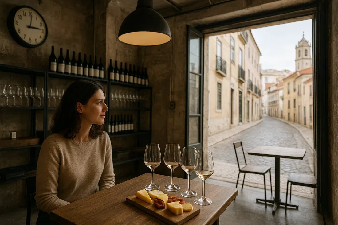 la íntima sala de degustación de Adega Belém Urban Winery en un garaje convertido, con copas de vino, tabla de quesos y detalles industriales