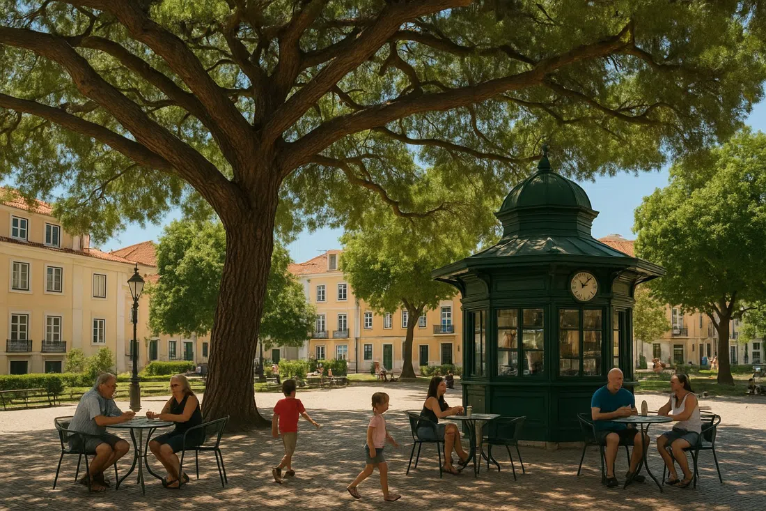 Jardim do Príncipe Real bajo el enorme cedro entrenado al mediodía, mesas de quiosco a la sombra, lugareños con bebidas y niños jugando en la plaza