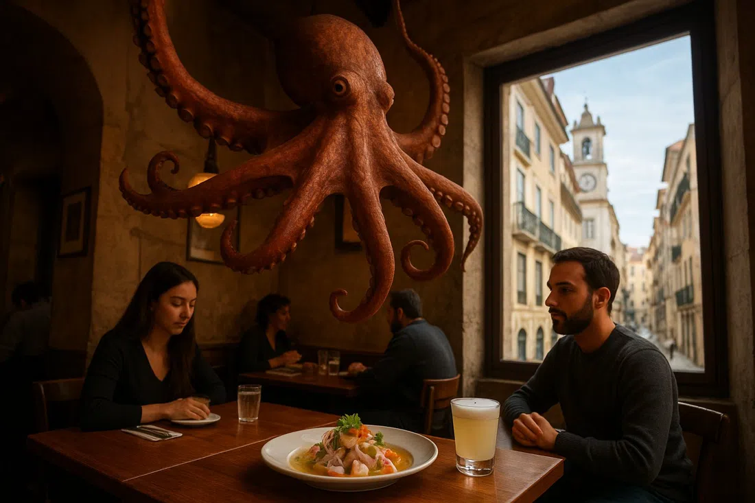 la escultura de pulpo colgando sobre el comedor de A Cevicheria, con un ceviche servido y pisco sour en la mesa bajo una luz interior cálida