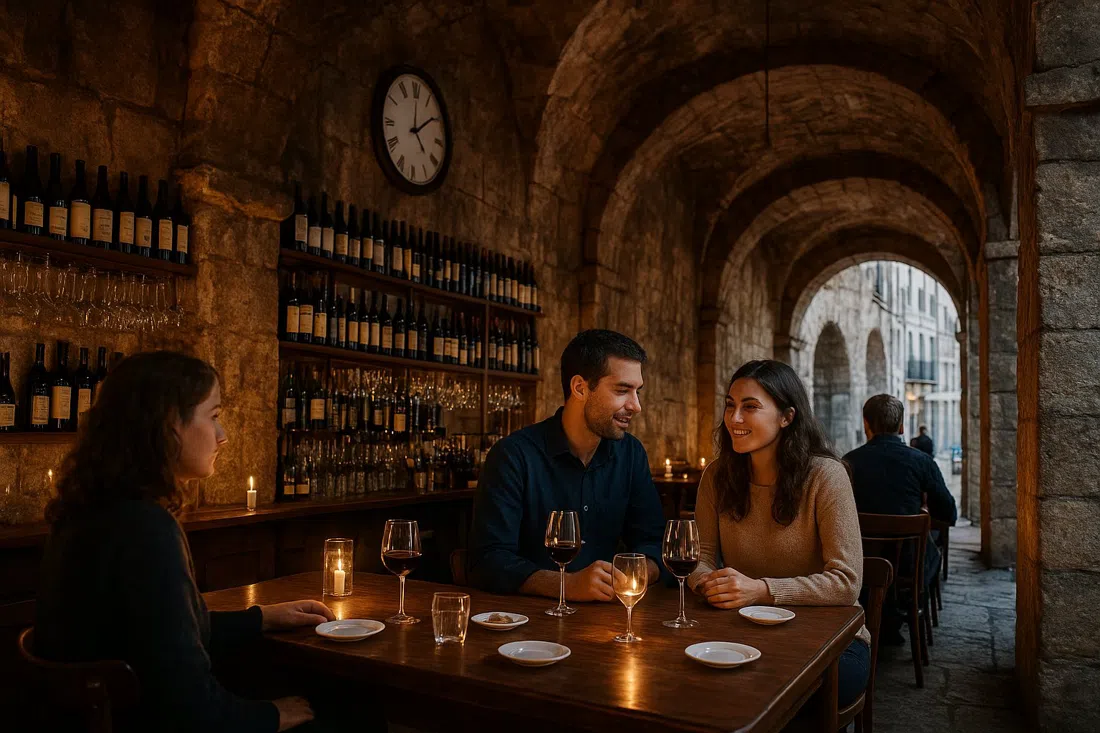bóvedas de piedra iluminadas con velas en Enoteca LX con botellas, copas de vino y tapas sobre las paredes del antiguo acueducto