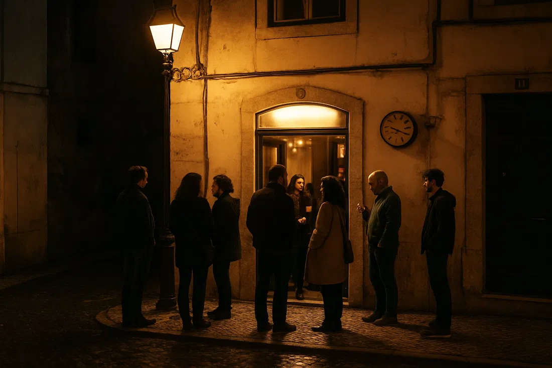 la entrada compacta de Finalmente en Rua da Palmeira por la noche, gente reunida afuera antes del espectáculo drag tardío, la luz de la calle reflejándose en el pavimento