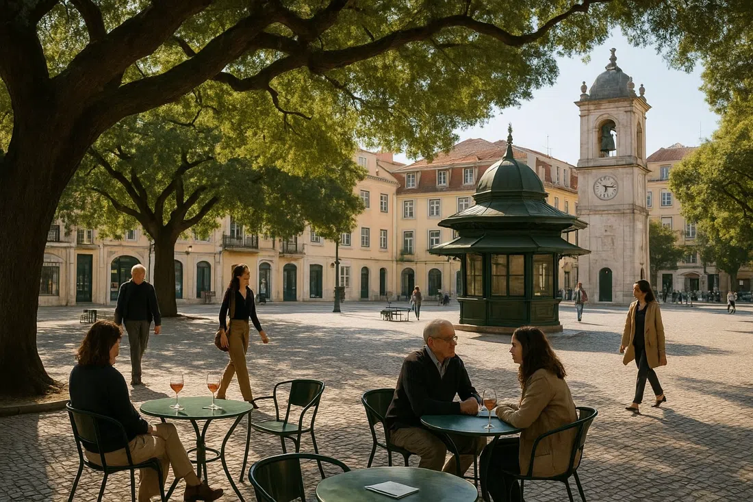 una escena de tarde sombreada en el Jardim do Príncipe Real con mesas de quiosco, copas de vino, la amplia copa del cedro y gente paseando por la plaza