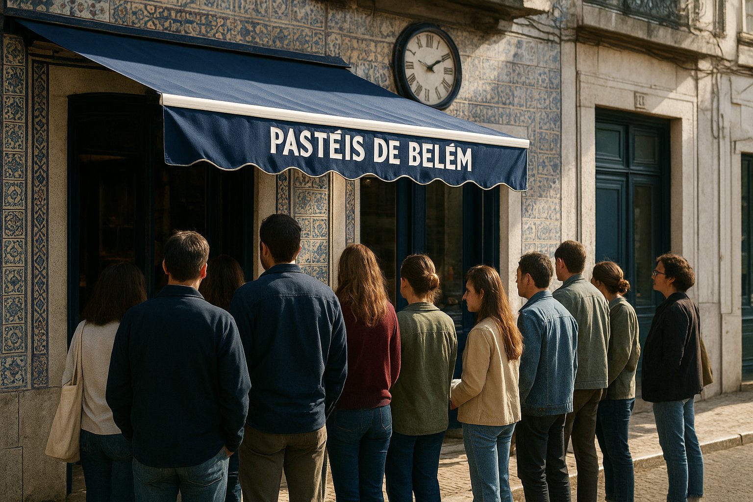 the takeaway queue outside Pastéis de Belém on Rua de Belém, with the tiled bakery facade and people waiting in morning light
