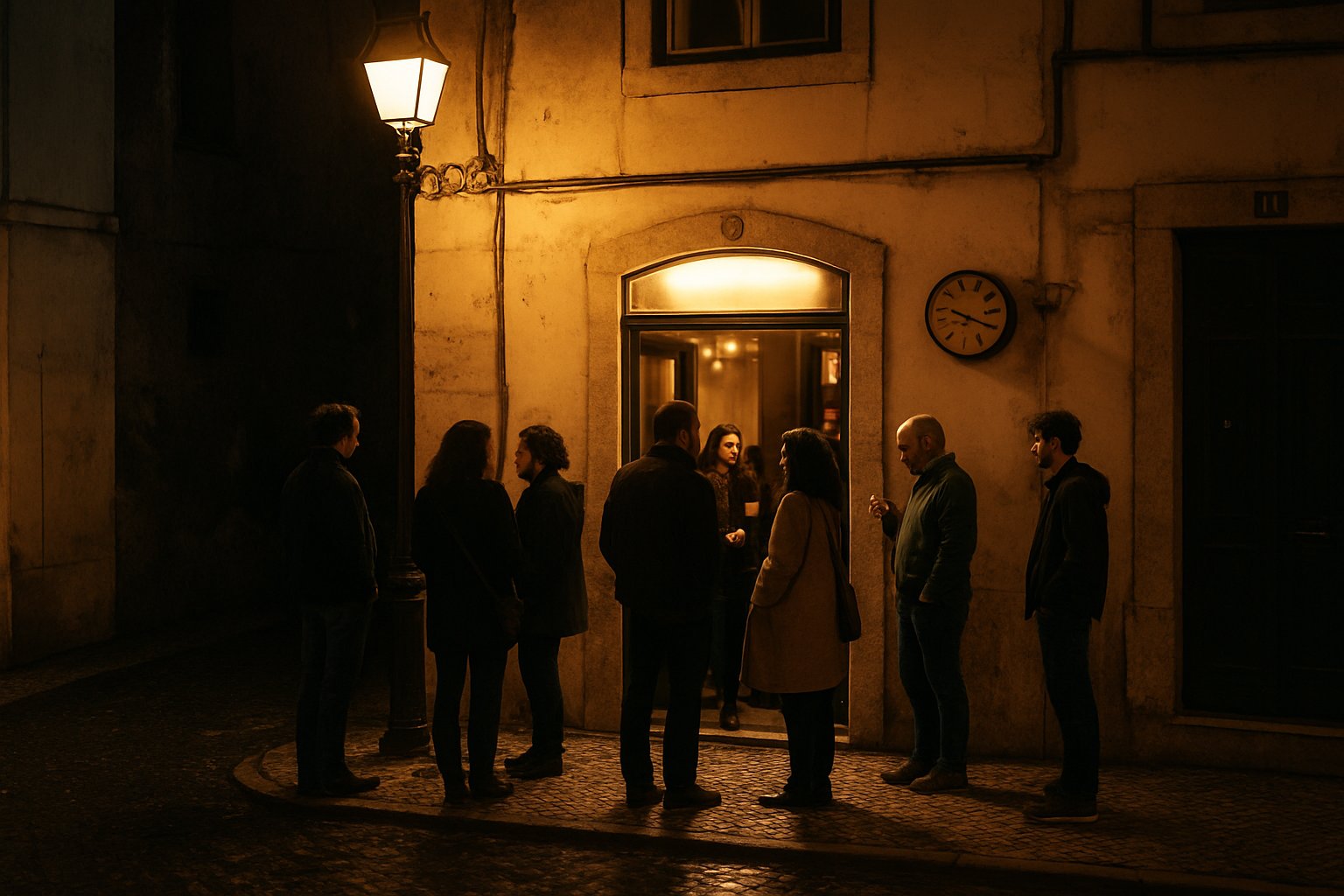 the compact entrance of Finalmente on Rua da Palmeira at night, people gathered outside before the late drag show, streetlight reflecting off the pavement