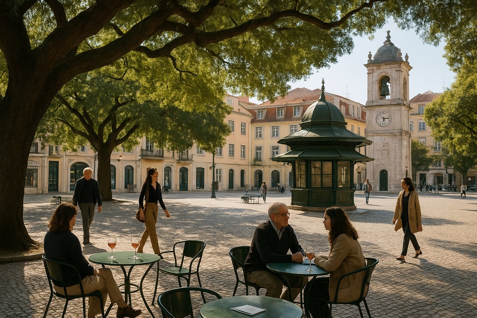 a shaded afternoon scene in Jardim do Príncipe Real with kiosk tables, wine glasses, the broad cedar canopy and people drifting through the square
