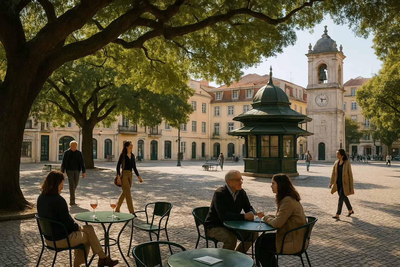 a shaded afternoon scene in Jardim do Príncipe Real with kiosk tables, wine glasses, the broad cedar canopy and people drifting through the square