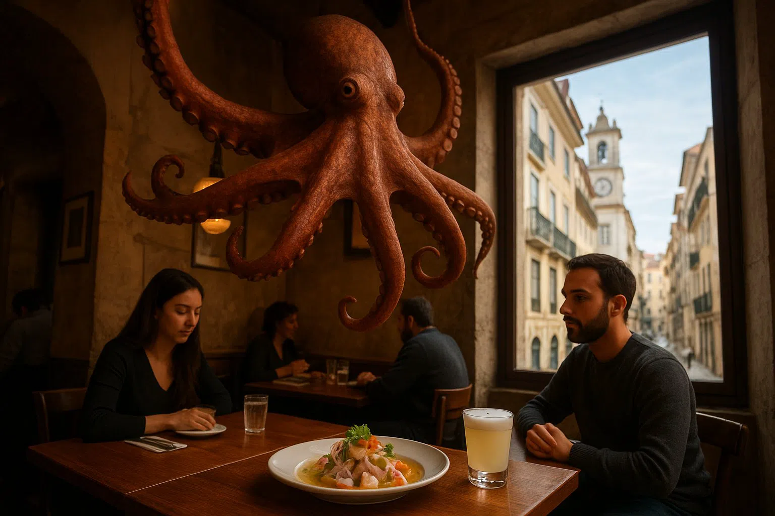 the octopus sculpture hanging over the dining room at A Cevicheria, with a plated ceviche and pisco sour on the table below warm interior light